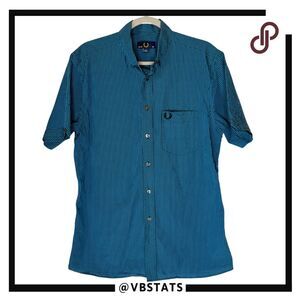 Fred Perry Men's Gingham Cotton Short Sleeve Button-down Shirt Blue Black Sz 42